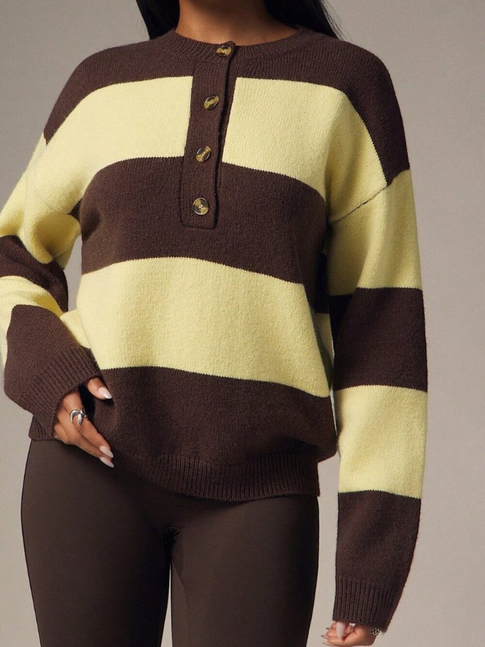 Brown Casual Women's Contrast Striped Button Front Drop Sleeve Pullover - Picture 6 of 6